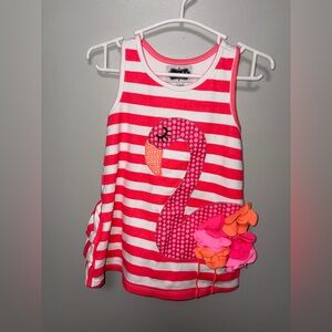 Mud pie pink orange striped floral sleeveless flamingo sundress ruffles bow 2T